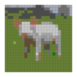 Minecraft block-grid preview preview of a pink farm pig standing in a green pasture with a simplified color palette.