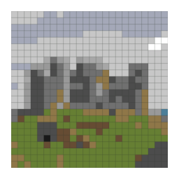 Minecraft block-grid preview preview of a gray stone castle with squat towers on a grassy hill with a simplified color palette.