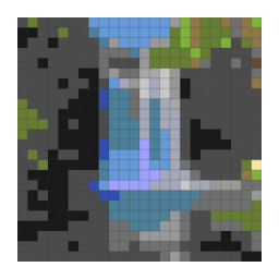 Minecraft block-grid preview preview of a waterfall pouring over dark basalt cliffs into a forest pool with a simplified color palette.