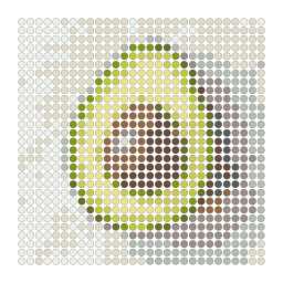 Perler bead-pattern preview preview of a halved ripe avocado with its brown pit with a simplified color palette.