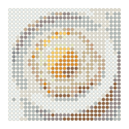 Perler bead-pattern preview preview of a freshly cooked sunny-side-up egg on a white plate with a simplified color palette.