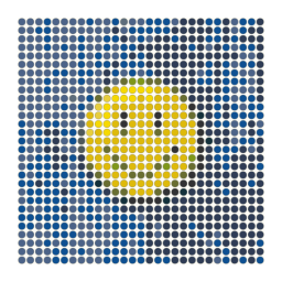 Perler bead-pattern preview preview of a round yellow smiley enamel pin on blue denim with a simplified color palette.