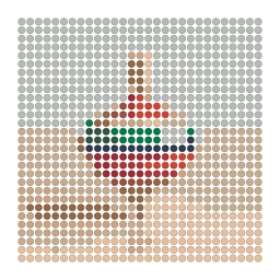 Perler bead-pattern preview preview of a painted wooden spinning top standing upright on a neutral tabletop with a simplified color palette.