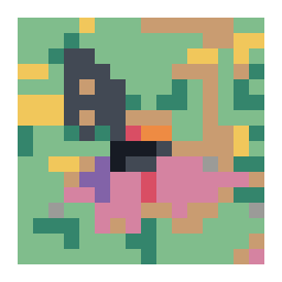 pixel-art grid preview of a monarch butterfly on a purple coneflower with a simplified color palette.