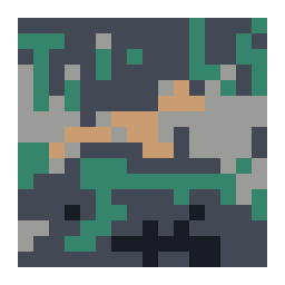 pixel-art grid preview of a red fox resting on a mossy log with a simplified color palette.
