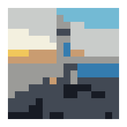 pixel-art grid preview of a white lighthouse on rugged coastal cliffs with a simplified color palette.
