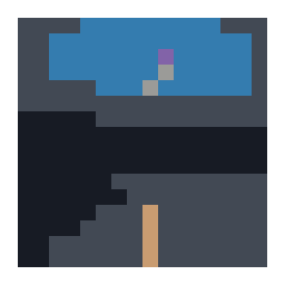 pixel-art grid preview of a crescent moon above a quiet pine-lined lake with a simplified color palette.