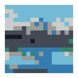 pixel-art grid preview of a snow-capped mountain reflected in a turquoise lake with a simplified color palette.