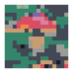 pixel-art grid preview of a red-capped bolete mushroom among moss and leaves with a simplified color palette.