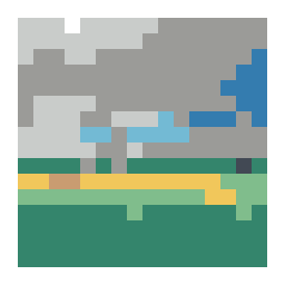 pixel-art grid preview of a natural rainbow above a green meadow after rain with a simplified color palette.