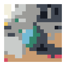 pixel-art grid preview of a handmade turquoise teapot on a wooden kitchen table with a simplified color palette.