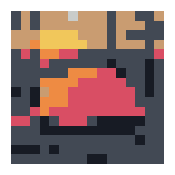pixel-art grid preview of an orange dome tent in an autumn forest clearing with a simplified color palette.