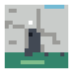pixel-art grid preview of a wooden windmill above a green rural field with a simplified color palette.